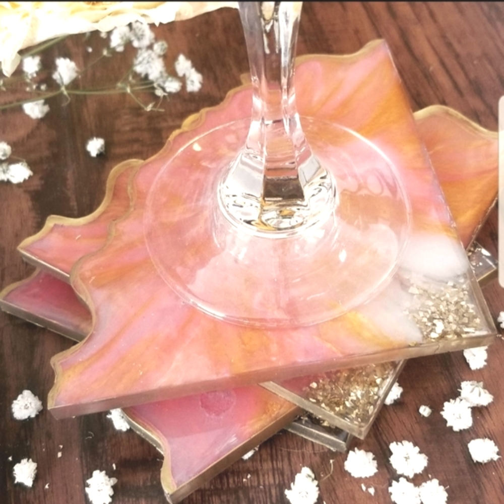 Handmade Resin Coasters Pink & Gold
